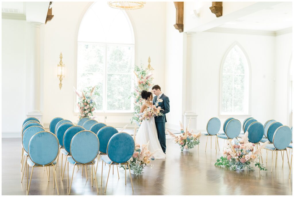 bride and groom inside Park Chateau Chapel for NJ wedding