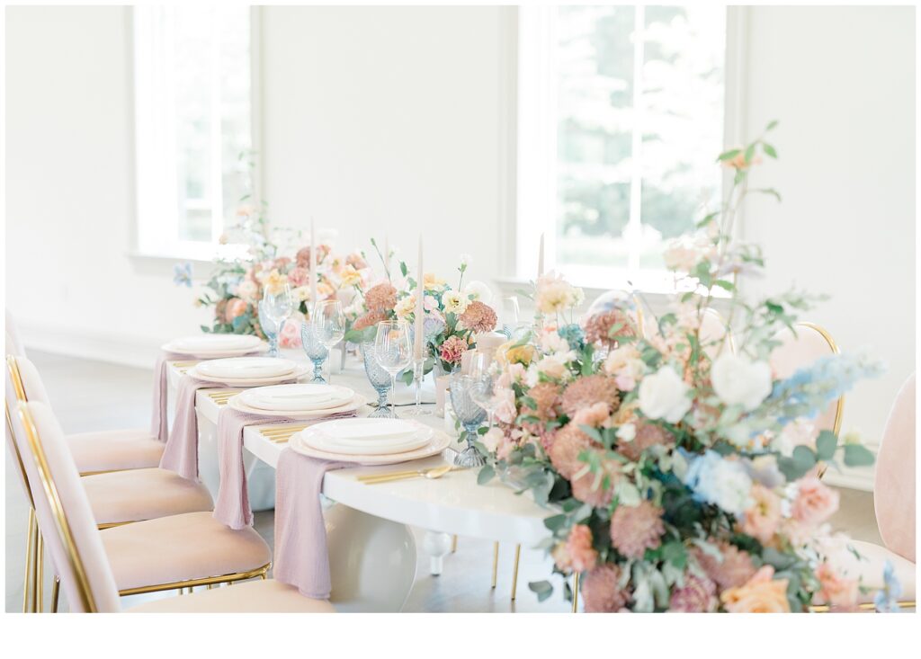 dreamy florals decorate table at NJ Wedding at Park Chateau