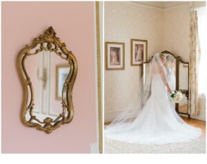 bride looks in mirror inside Cairnwood Estate