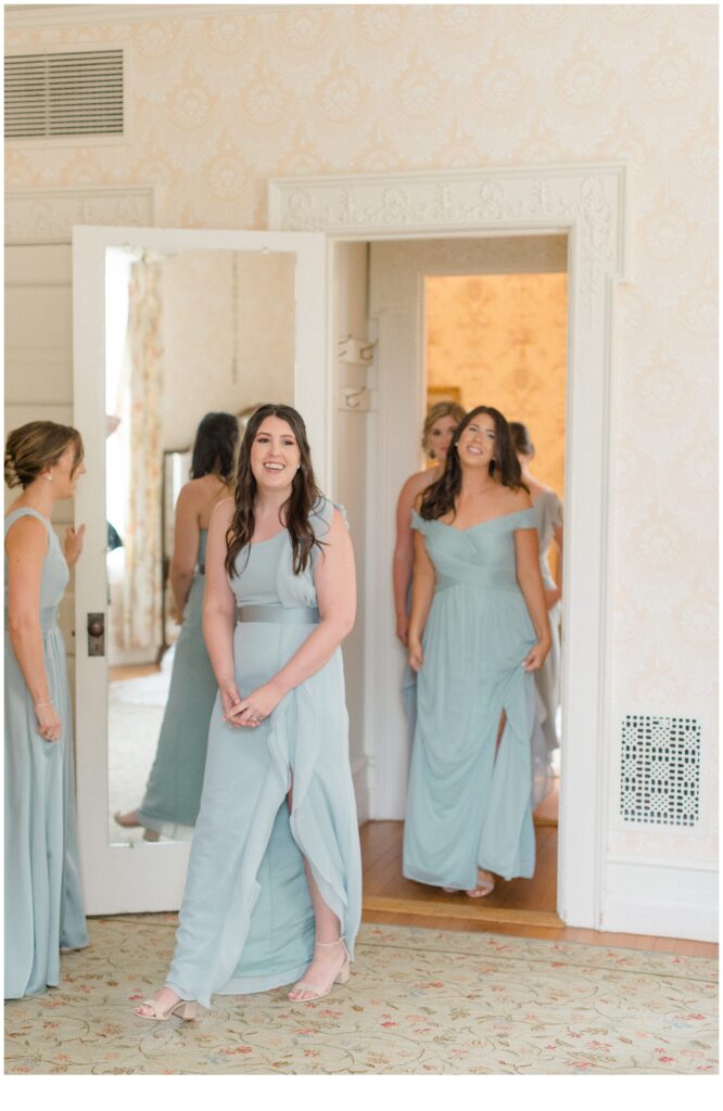 first look with bridesmaids before Late Summer Wedding at Cairnwood Estate in Bryn Athyn, Pennsylvania
