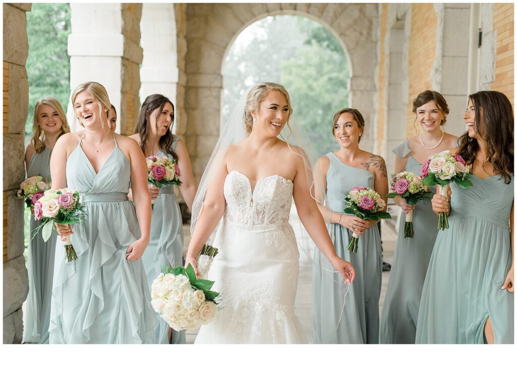 bride and bridesmaids before Late Summer Wedding at Cairnwood Estate in Bryn Athyn, Pennsylvania