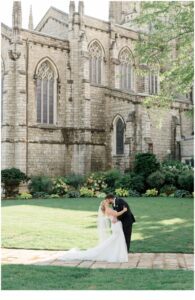 newlyweds kiss outside of Cairnwood Estate chapel