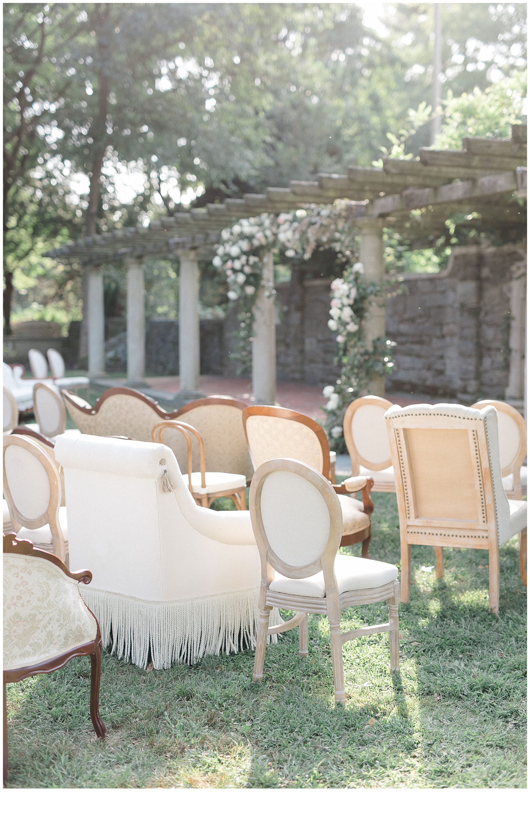 outside seating at Early Fall Wedding at Curtis Arboretum in Wyncote, Pennsylvania