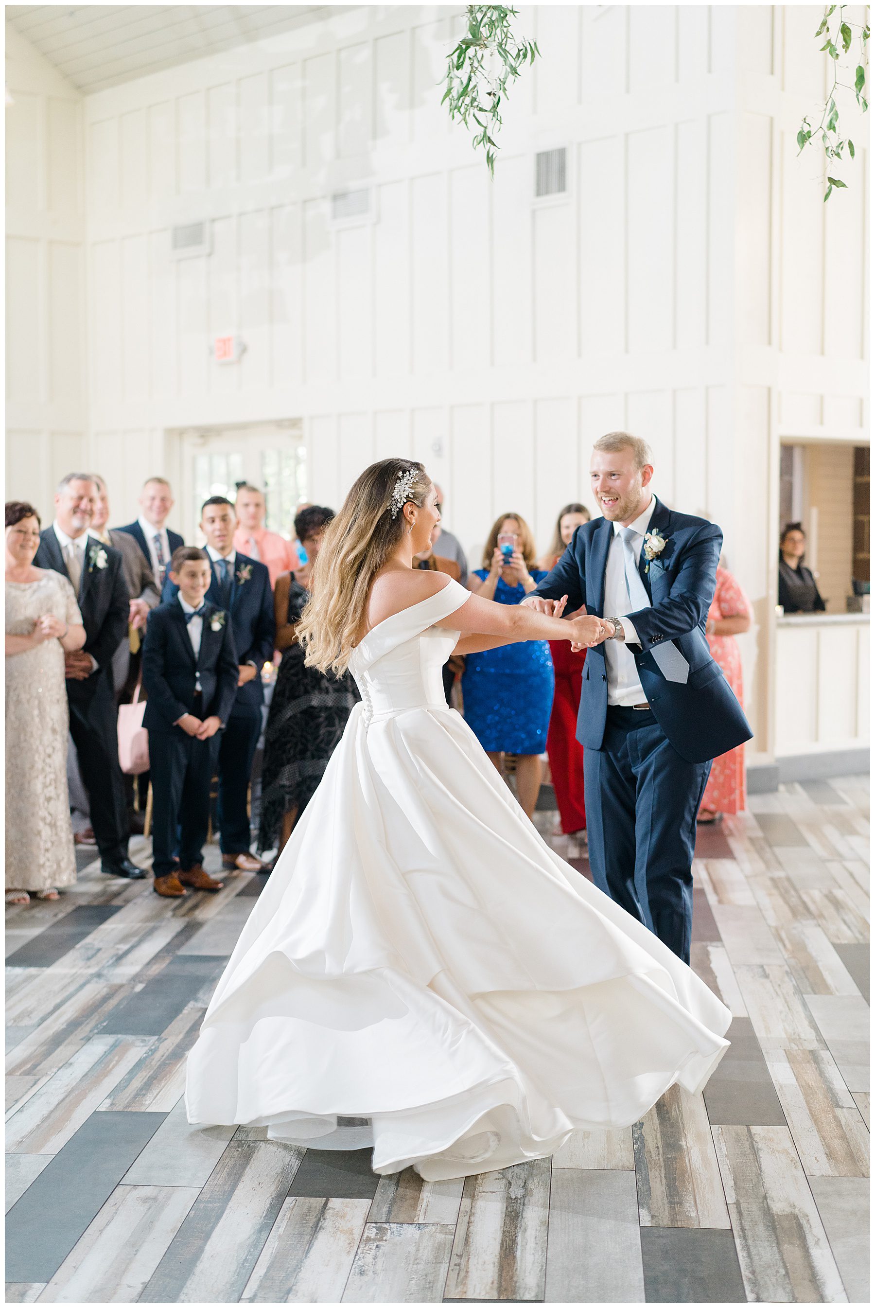 bride and groom dance at Ryland Inn Coach House Wedding reception