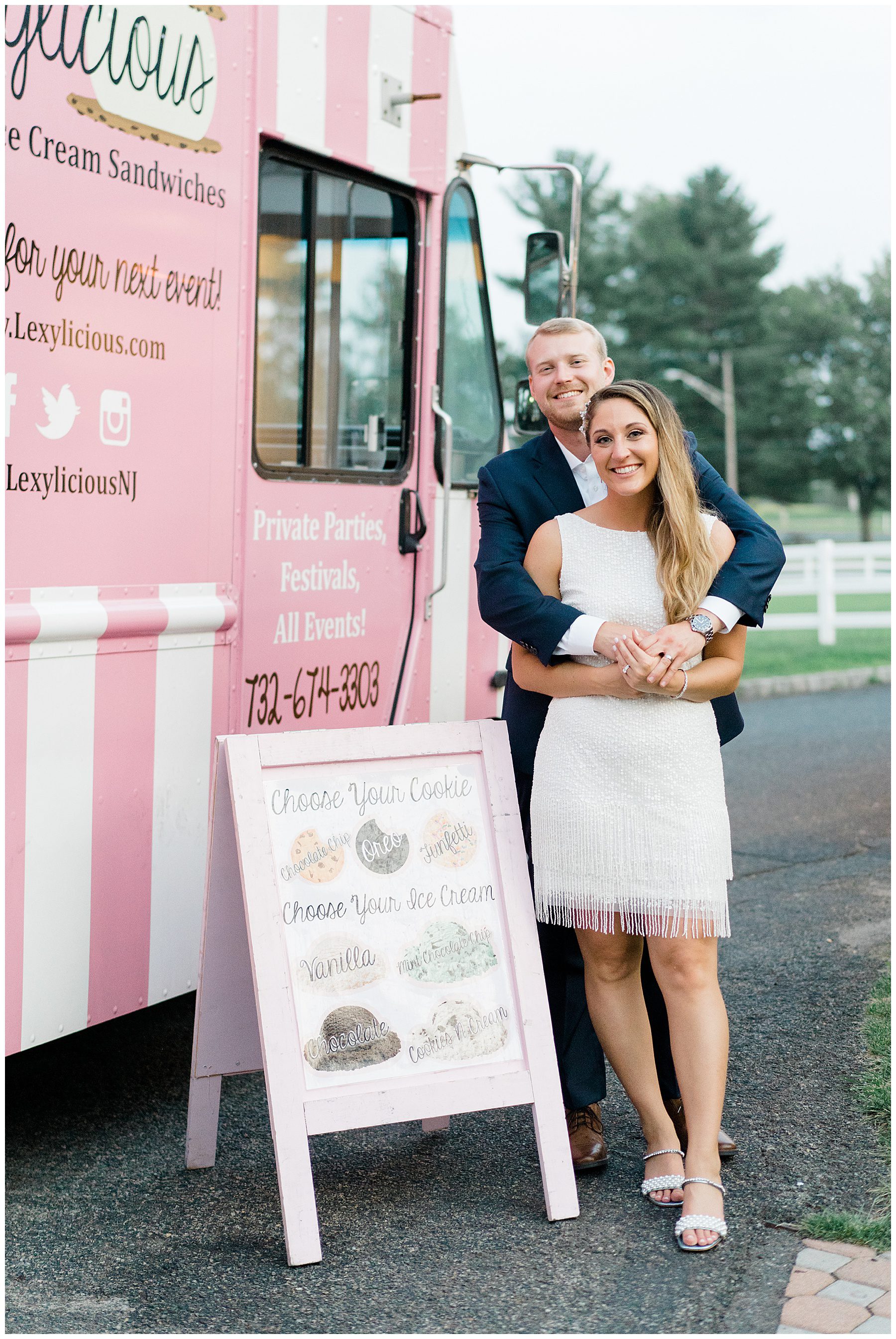 newlyweds stand outside ice cream sandwich food truck
