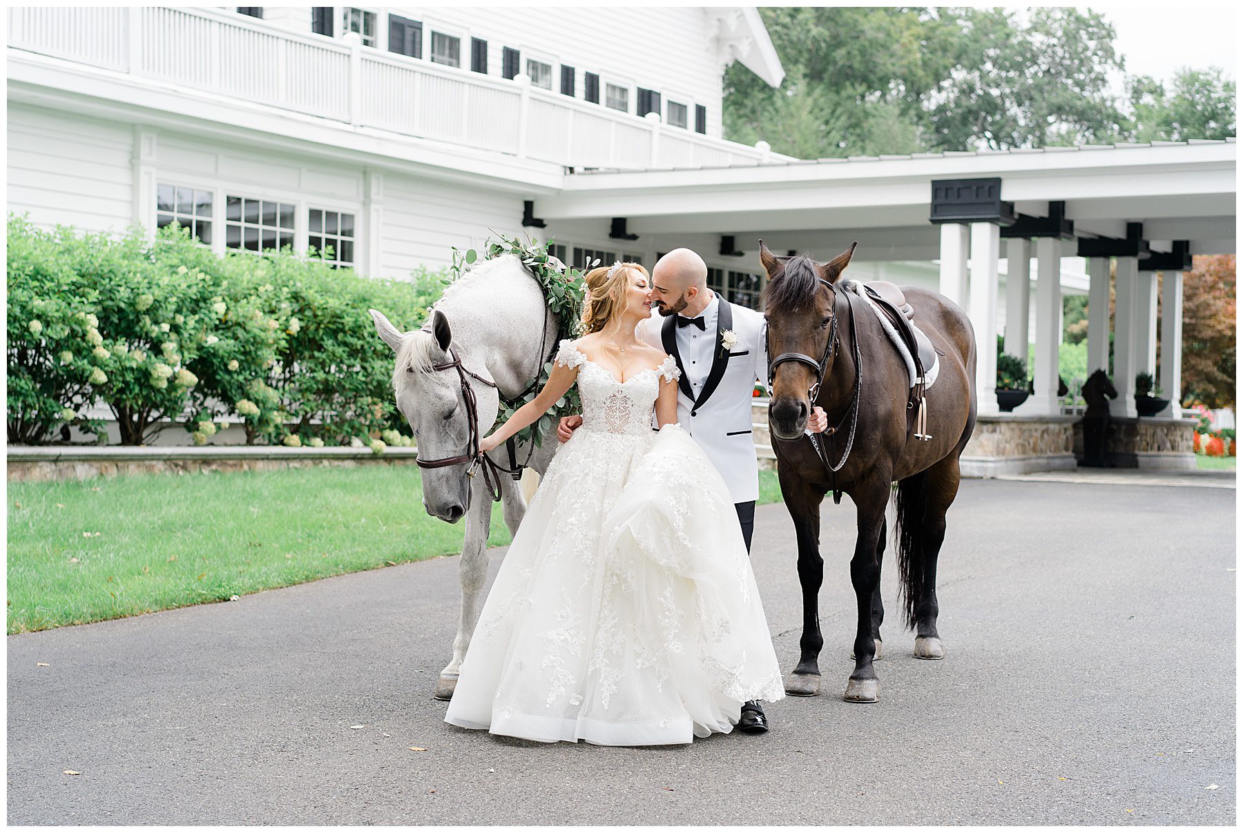 bride and groom with horses