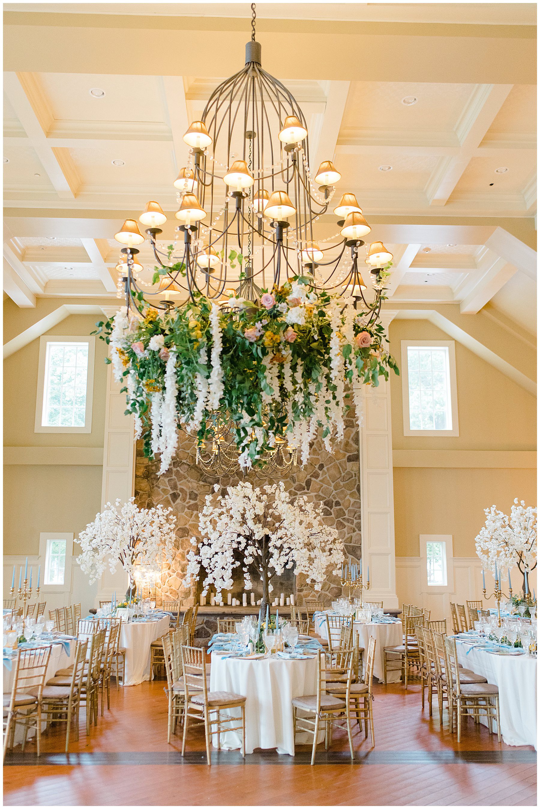 flowers from chandelier at Ryland Inn reception