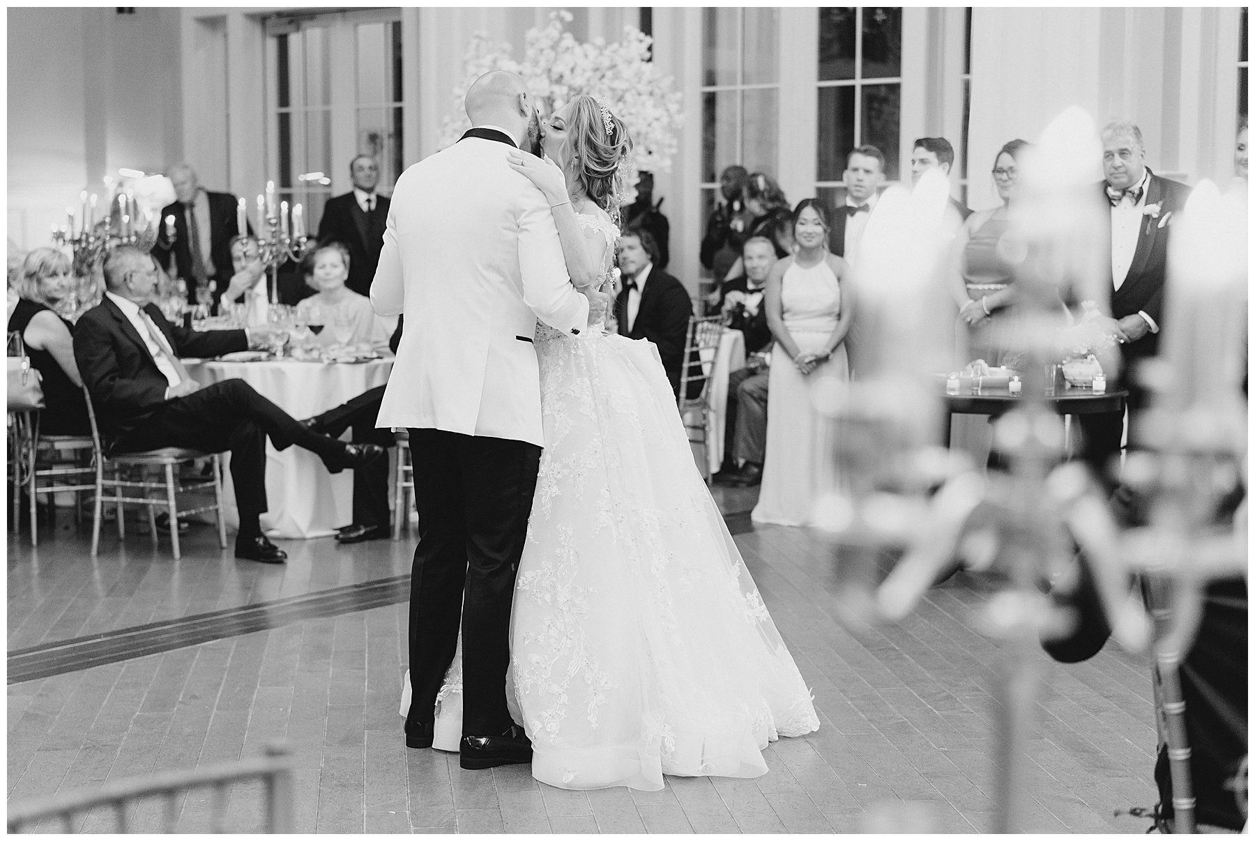 newlyweds share first dance at their Luxurious Ryland Inn Grand Ballroom Wedding reception