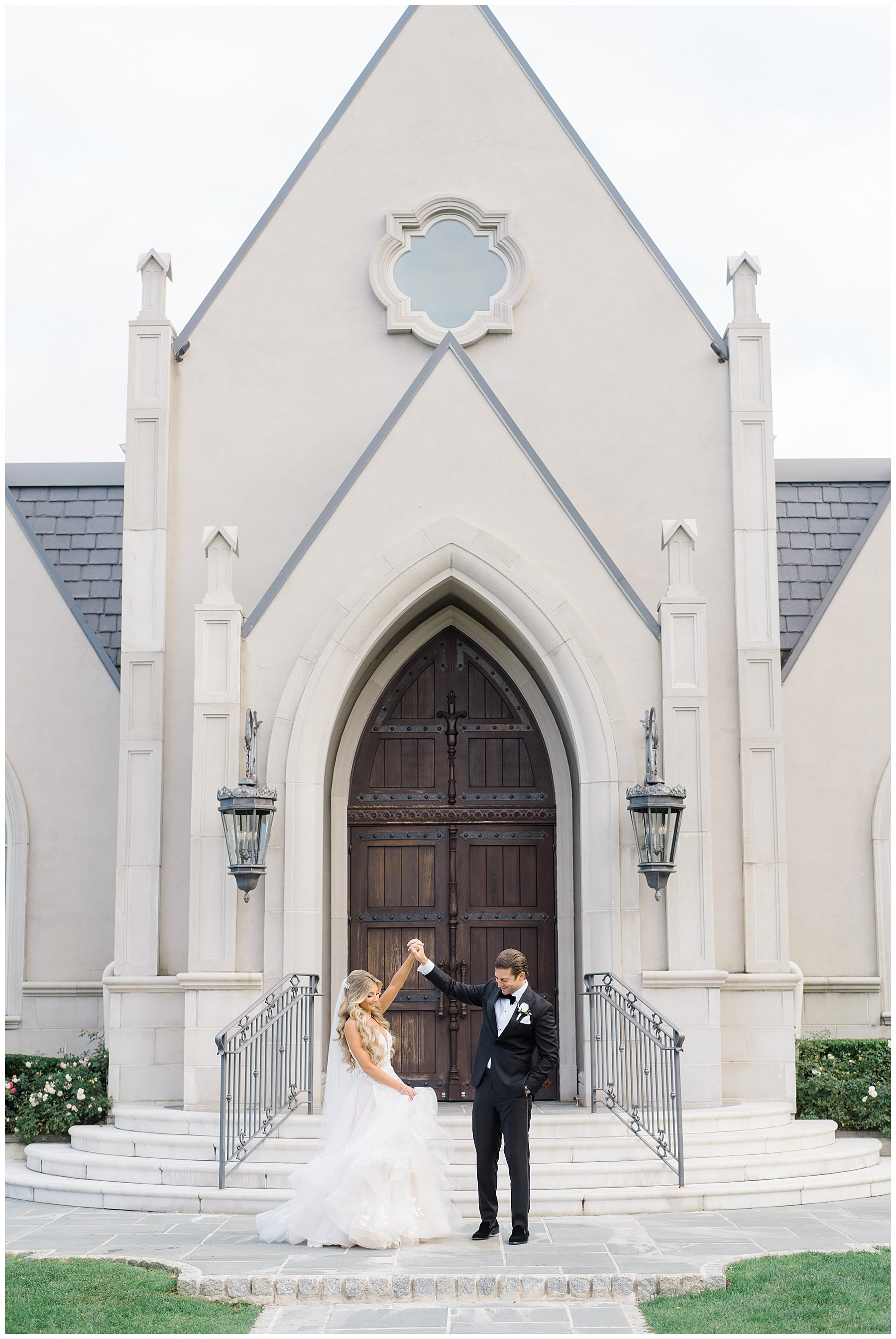 Bride and groom dance in front of chapel