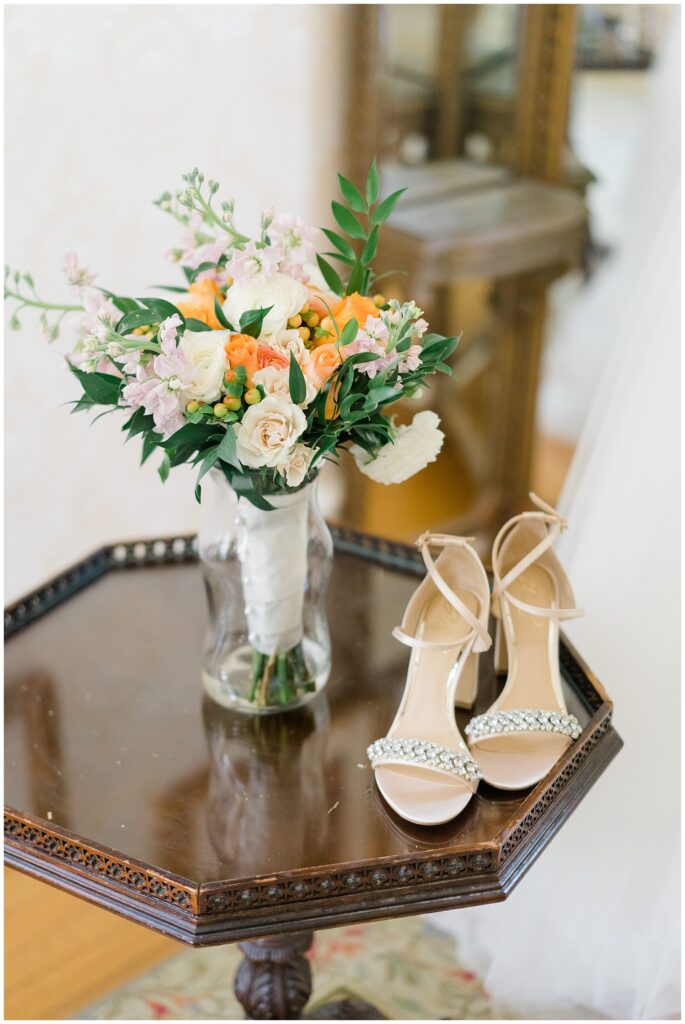 wedding bouquet and wedding shoes