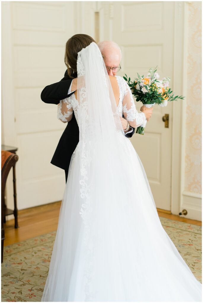 bride first look with father before Elegant Cairnwood Estate Wedding