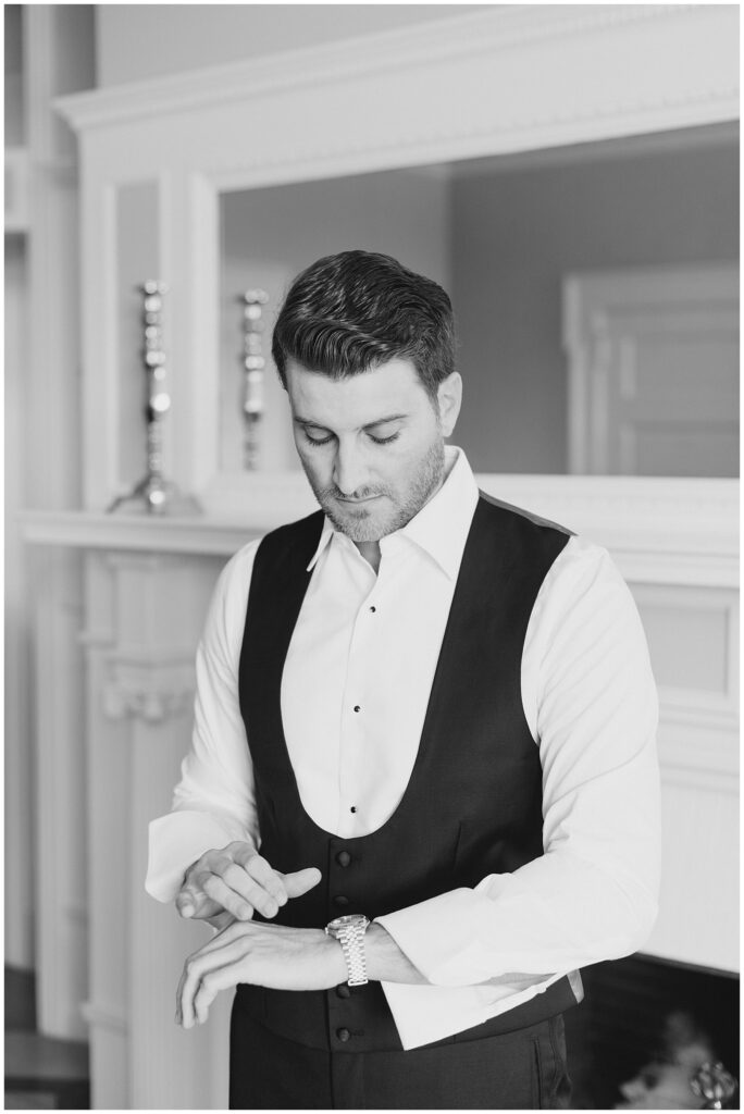groom getting ready before Elegant Cairnwood Estate Wedding