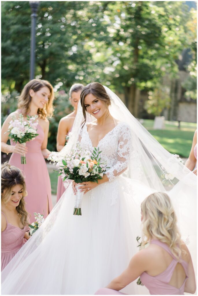 bridesmaids with bride during Elegant Cairnwood Estate Wedding
