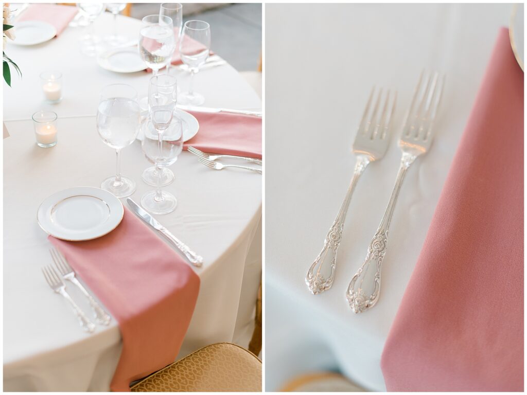 table setting at Elegant Cairnwood Estate Wedding reception in Bryn Athyn, PA