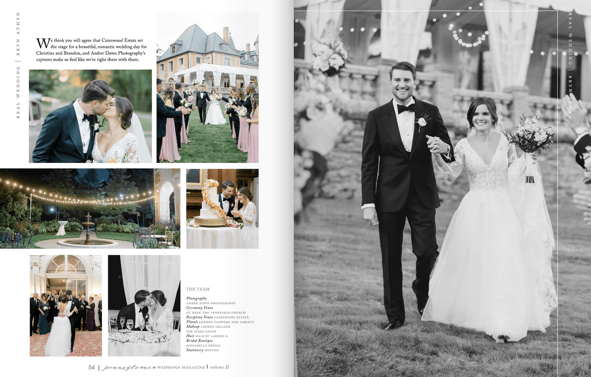 magazine spread of Philadelphia wedding at Cairnwood estate