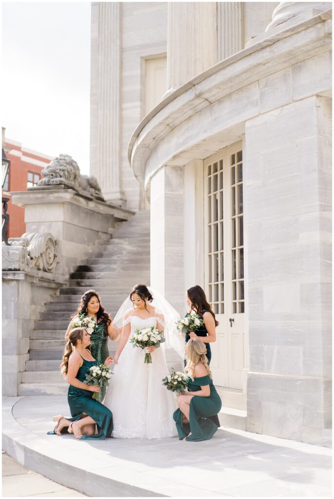 bride with bridesmaids before Philadelphia wedding