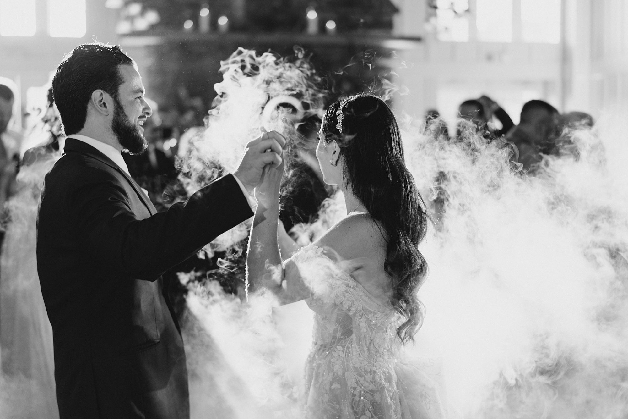 fog machine during wedding reception on the dance floor