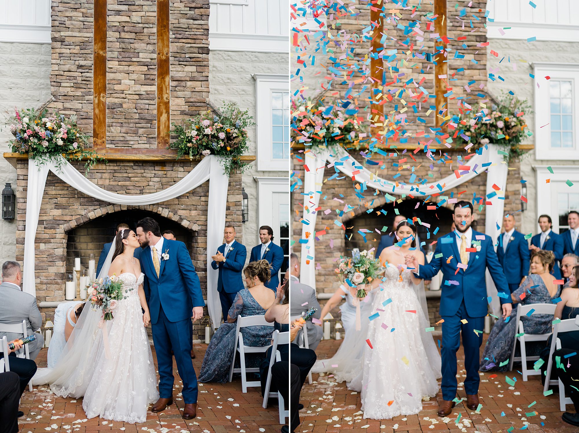 wedding guests throw confetti to celebrate marriage of couple