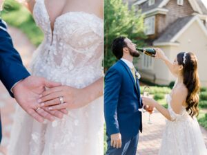 bride and groom drink champagne after wedding ceremony at the Coach House at the Ryland Inn