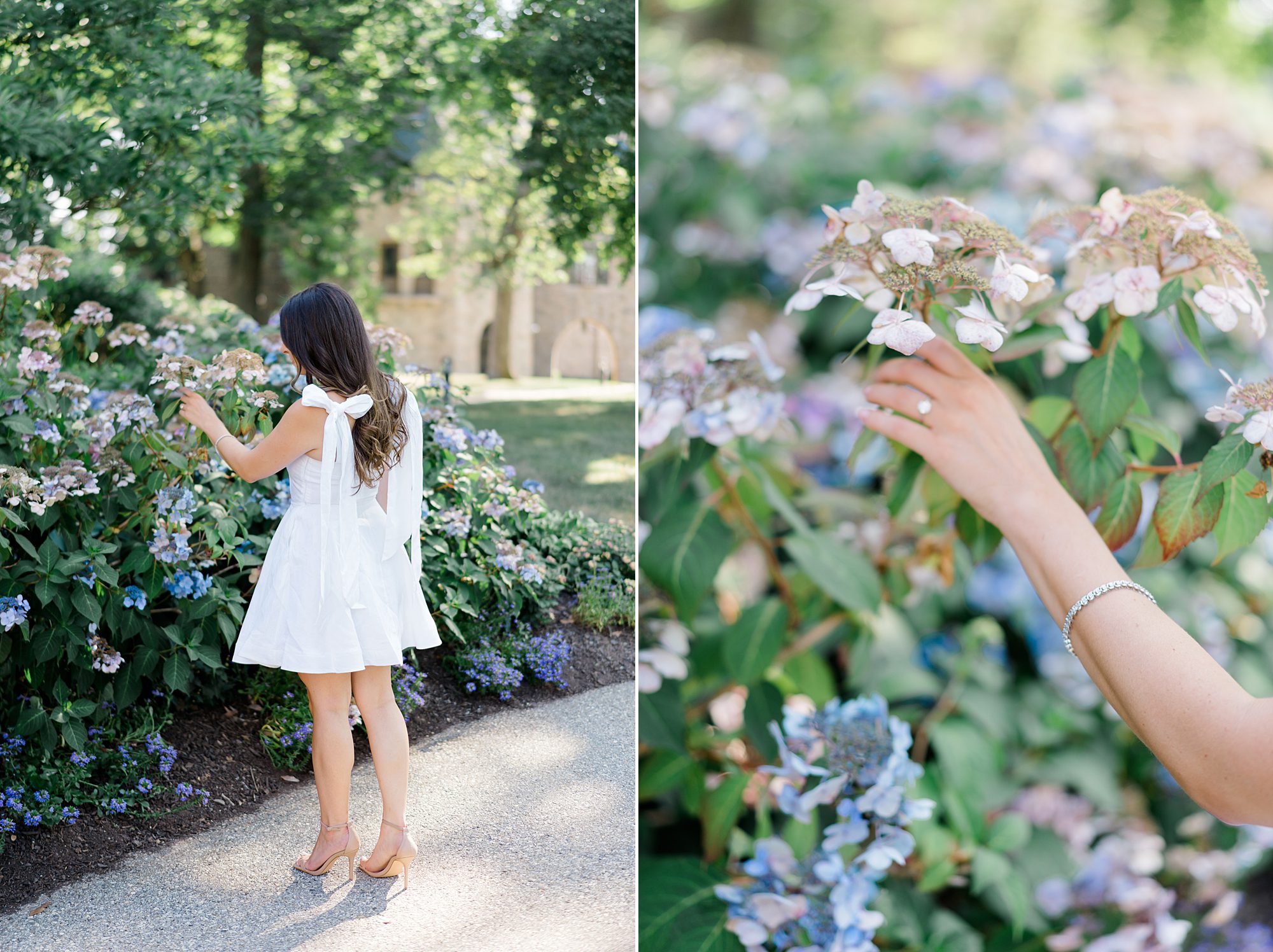 woman picks flowers and shows off engagement ring during PA engagement session