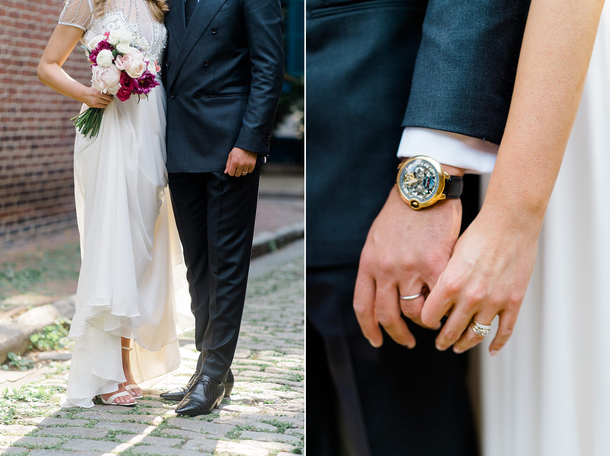 newlyweds hold hands as they walk through downtown Philadelphia