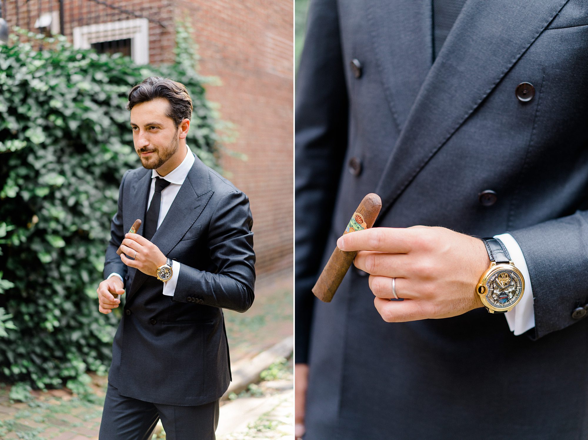 groom smokes cigar after wedding ceremony