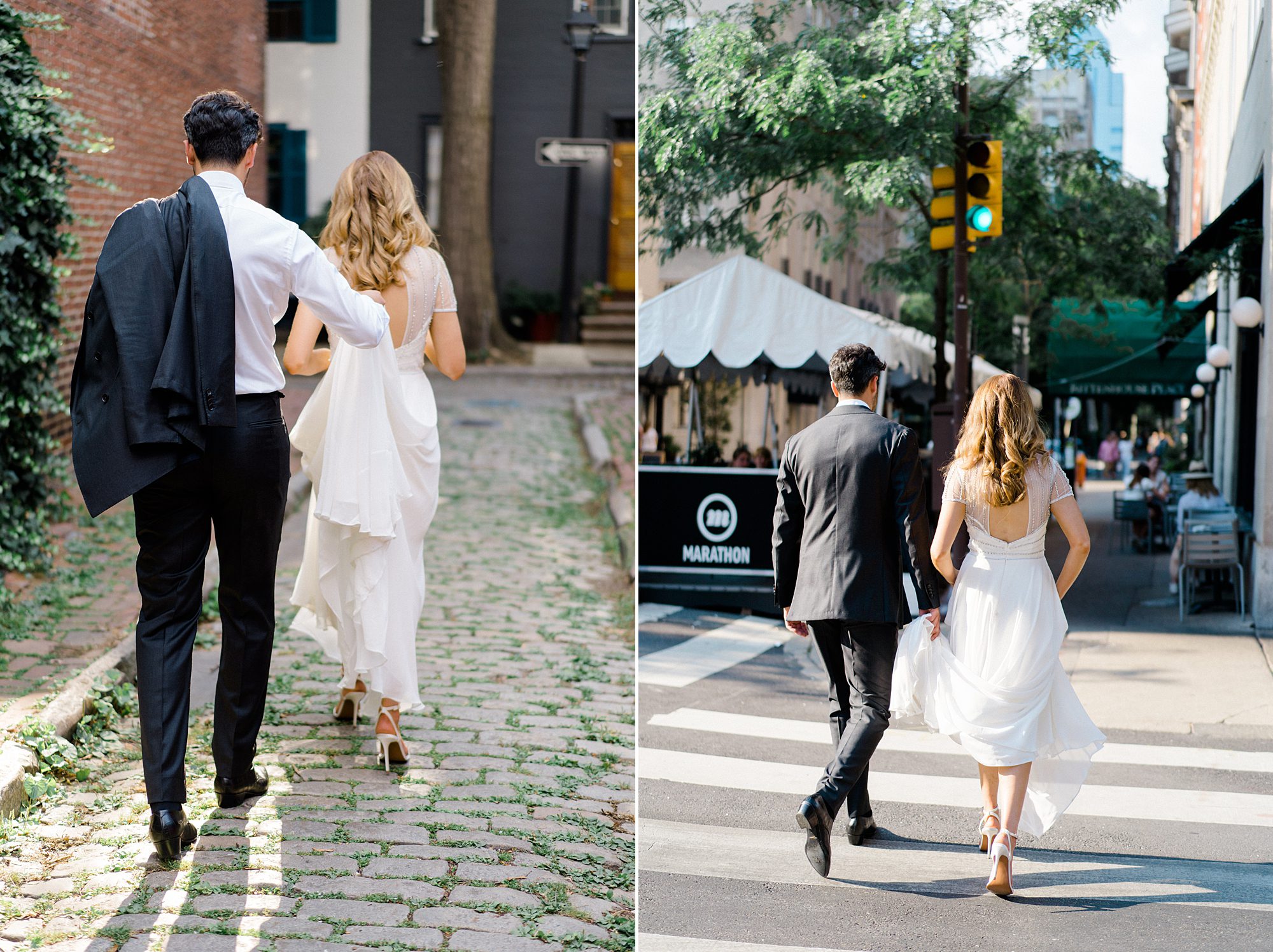 groom holds the bottom of bride's dress as they walk in downtown Philadelphia