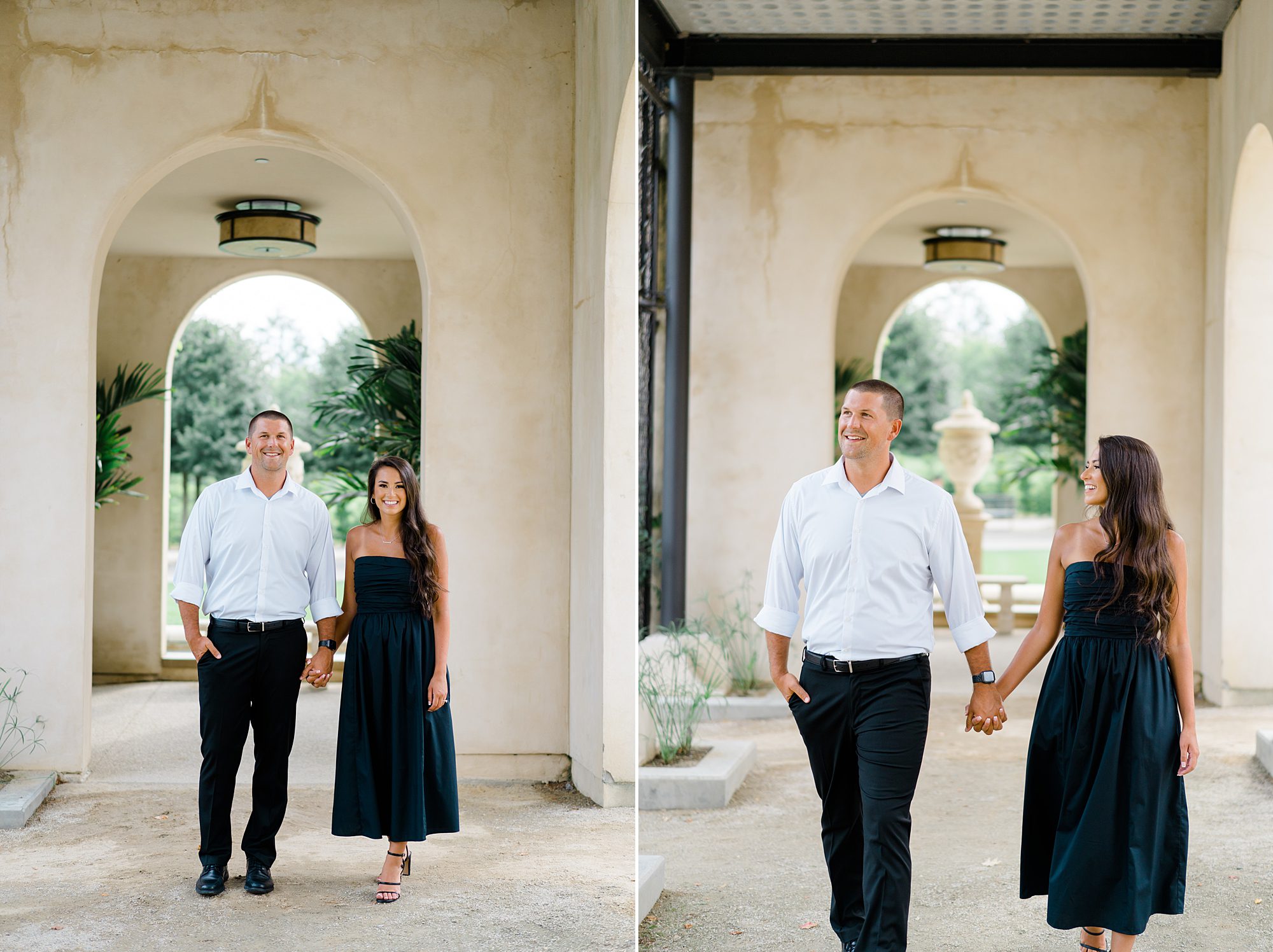 newly engaged couple walk through building at Longwood Gardens