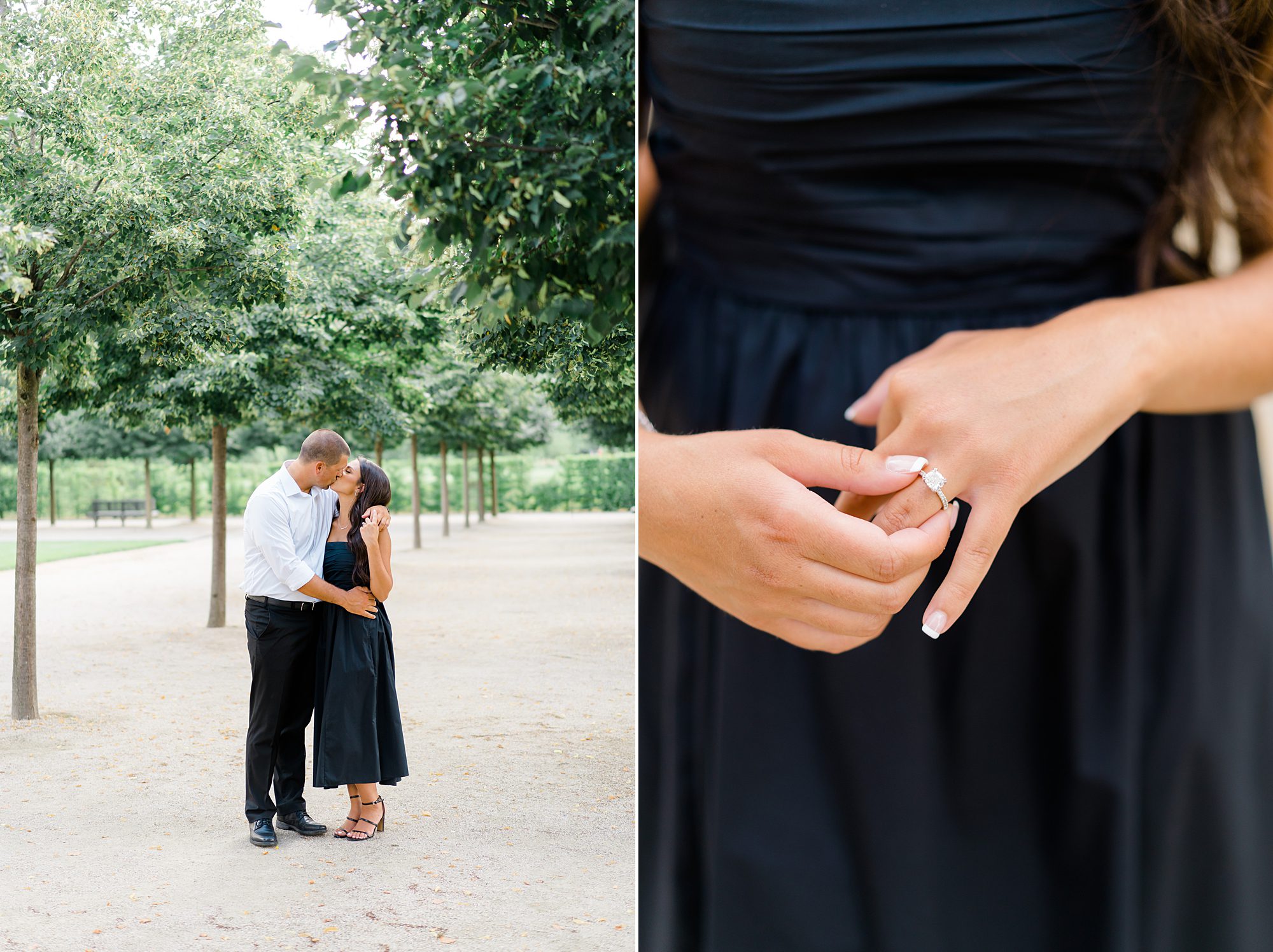 couple kiss during Timeless Longwood Gardens Engagement session