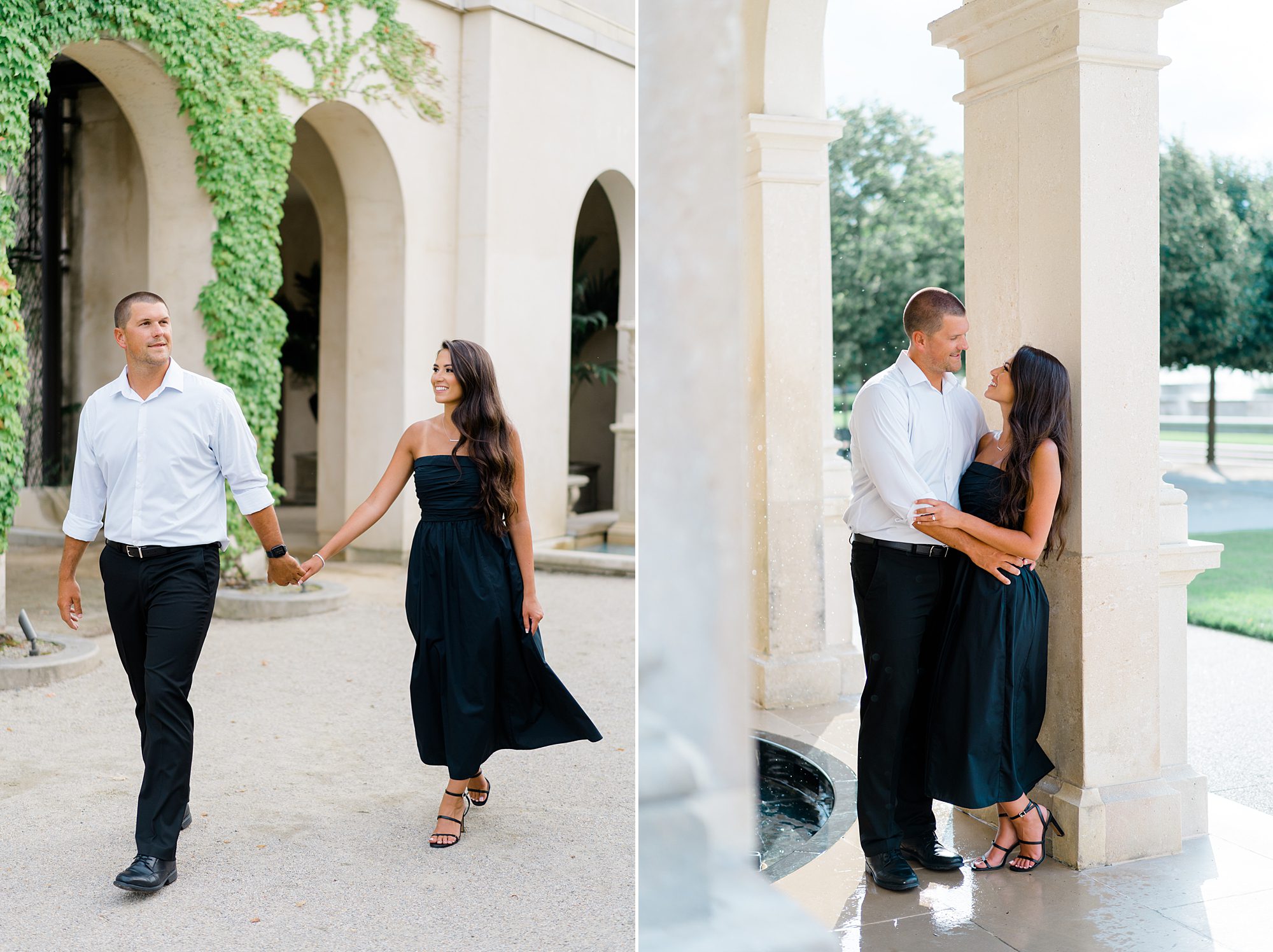 couple hold hands as they walk through Longwood Gardens during engagement session