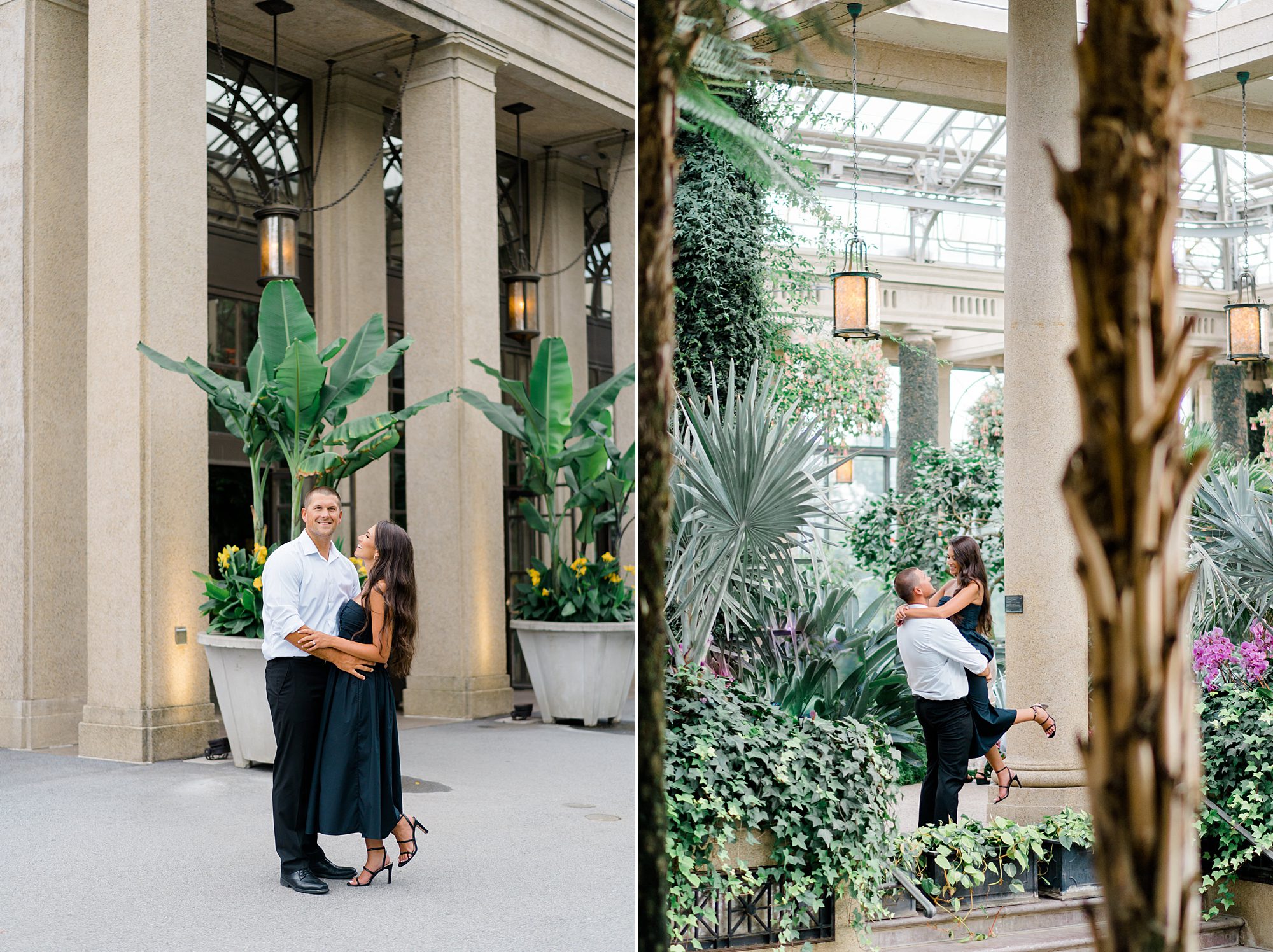 couple inside greenhouse of Longwood Gardens during timeless engagement session