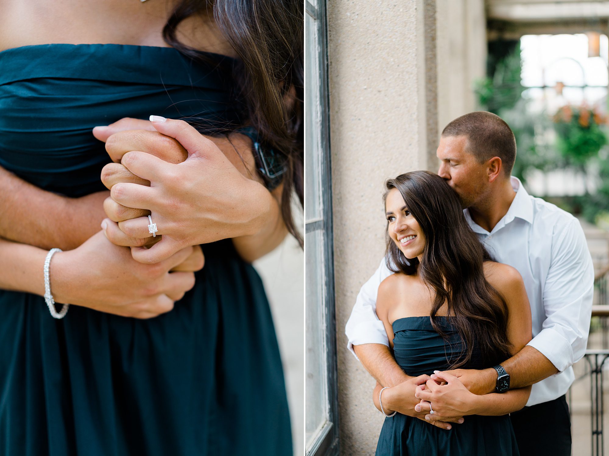 man wraps his arms around his fiancé
