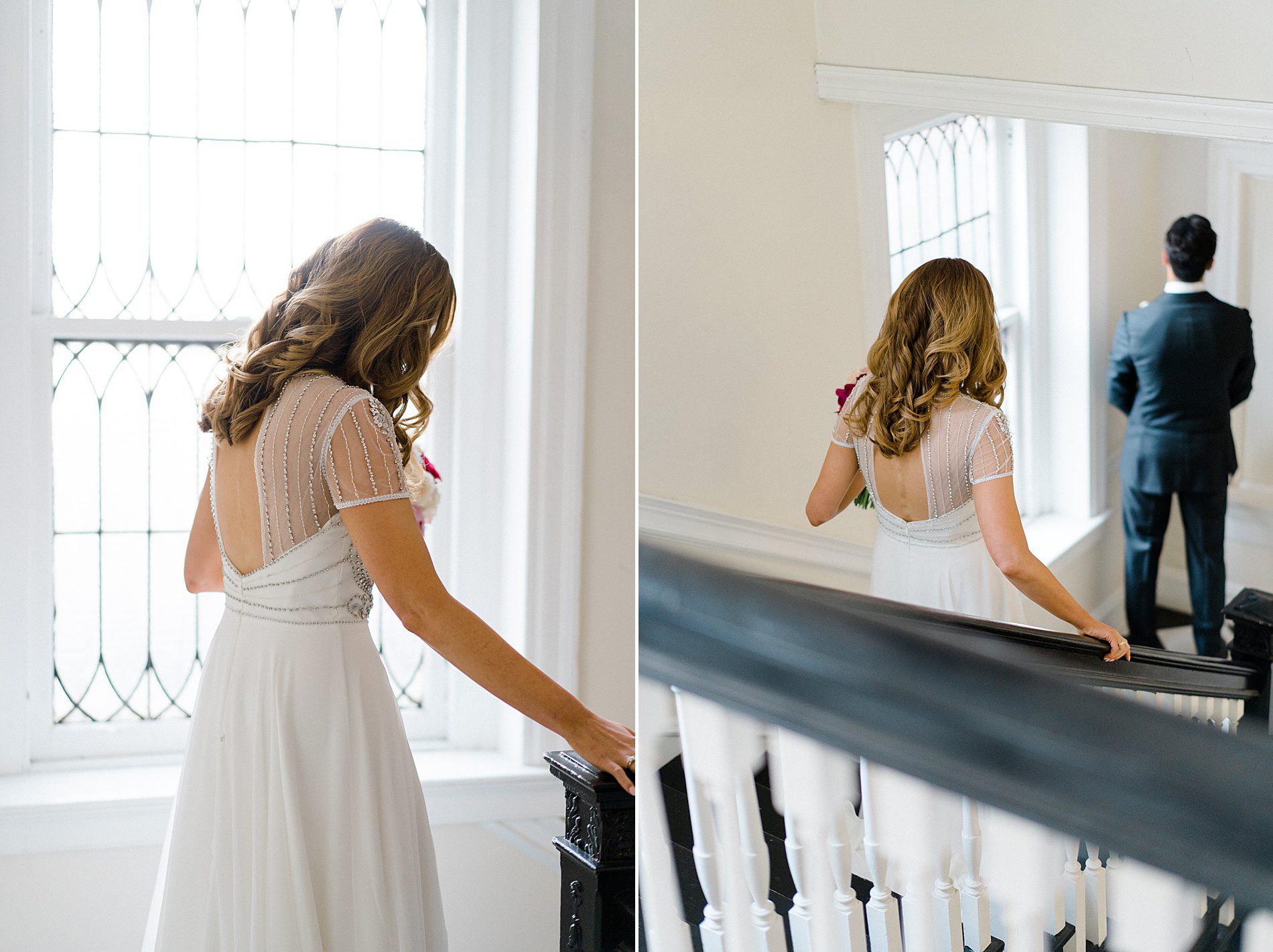 bride walks down the stairs at Vaux Studio to meet groom for first look