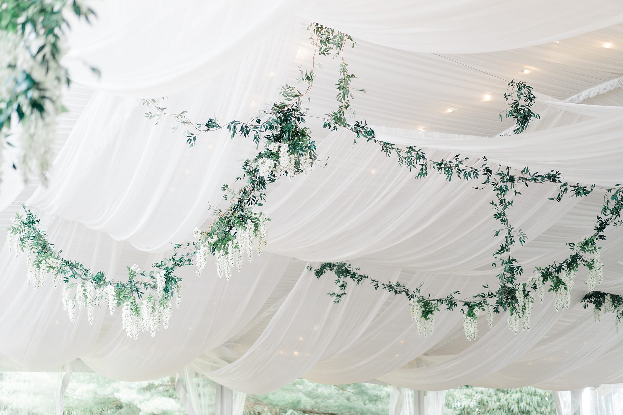 decorated ceiling of wedding tent