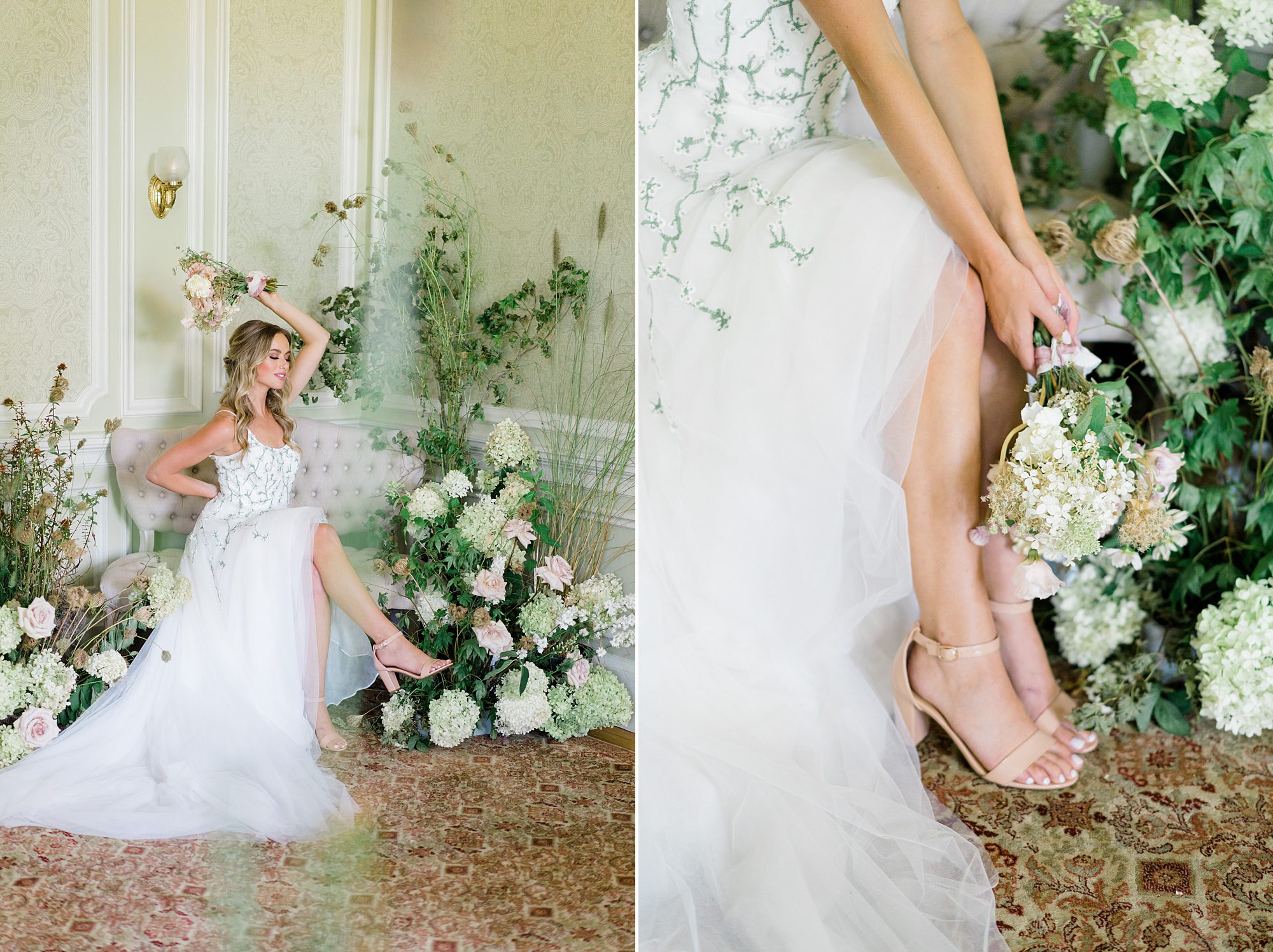 bride sitting on couch during garden wedding styled shoot