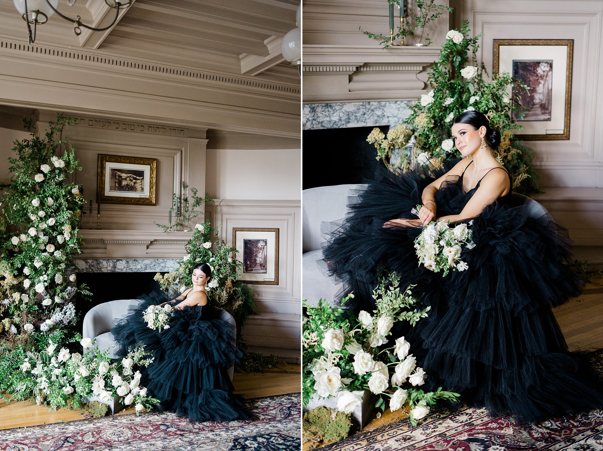 bride in black tulle wedding dress surrounded by classic white flowers