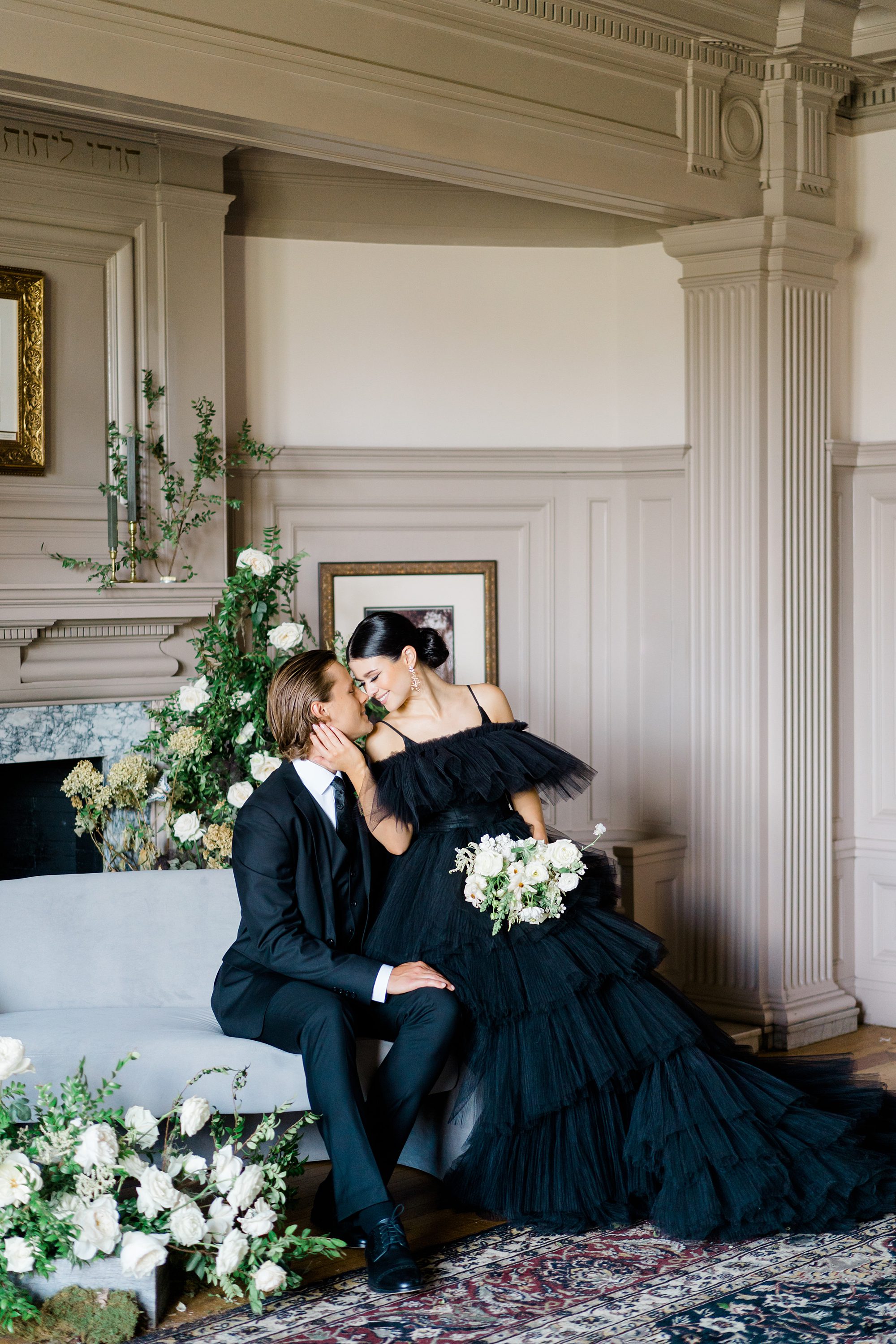 Modern wedding couple in black attire