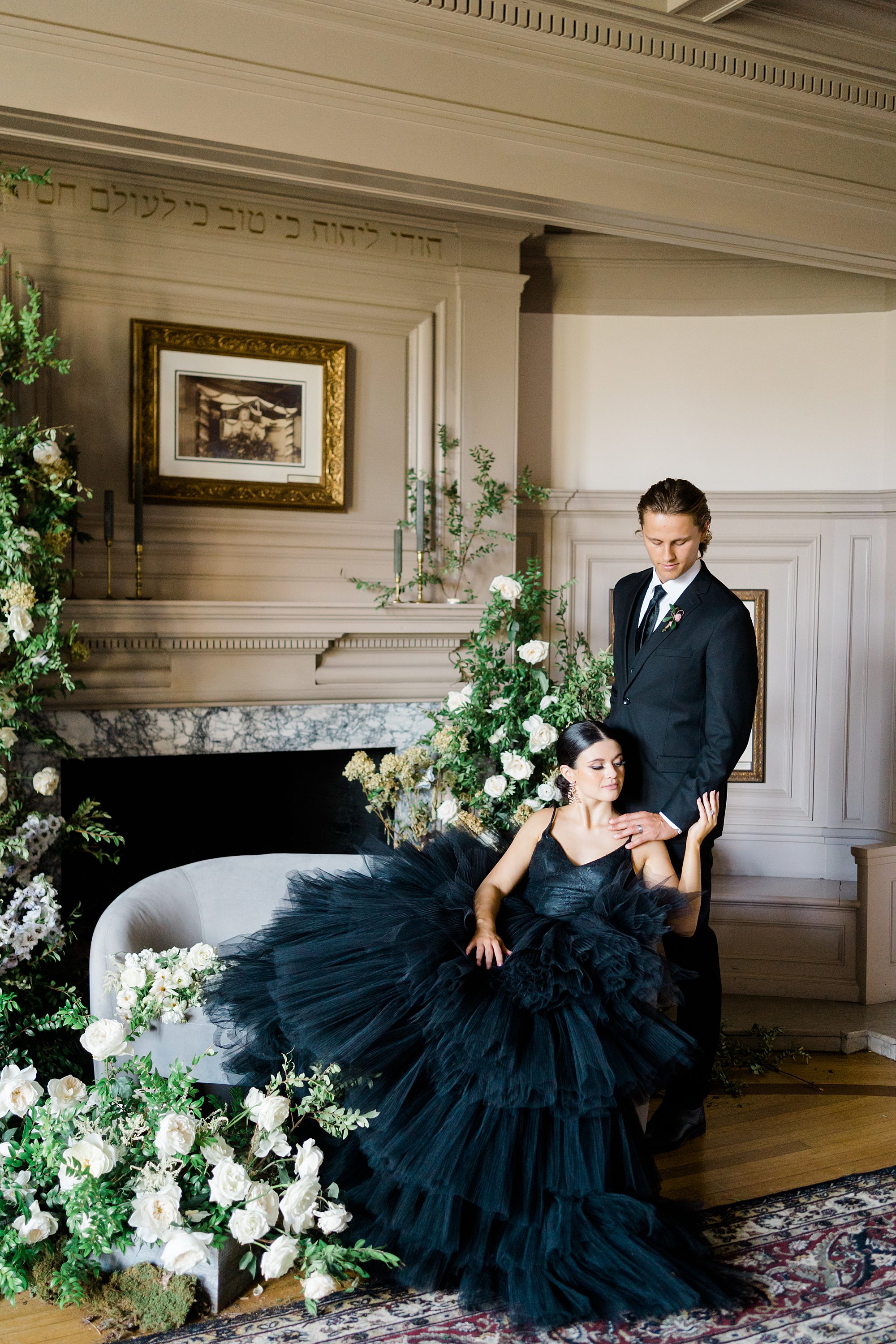 bride and groom portrait inspiration from High Fashion Black Wedding Dress Styled Shoot at Cairnwood Estate