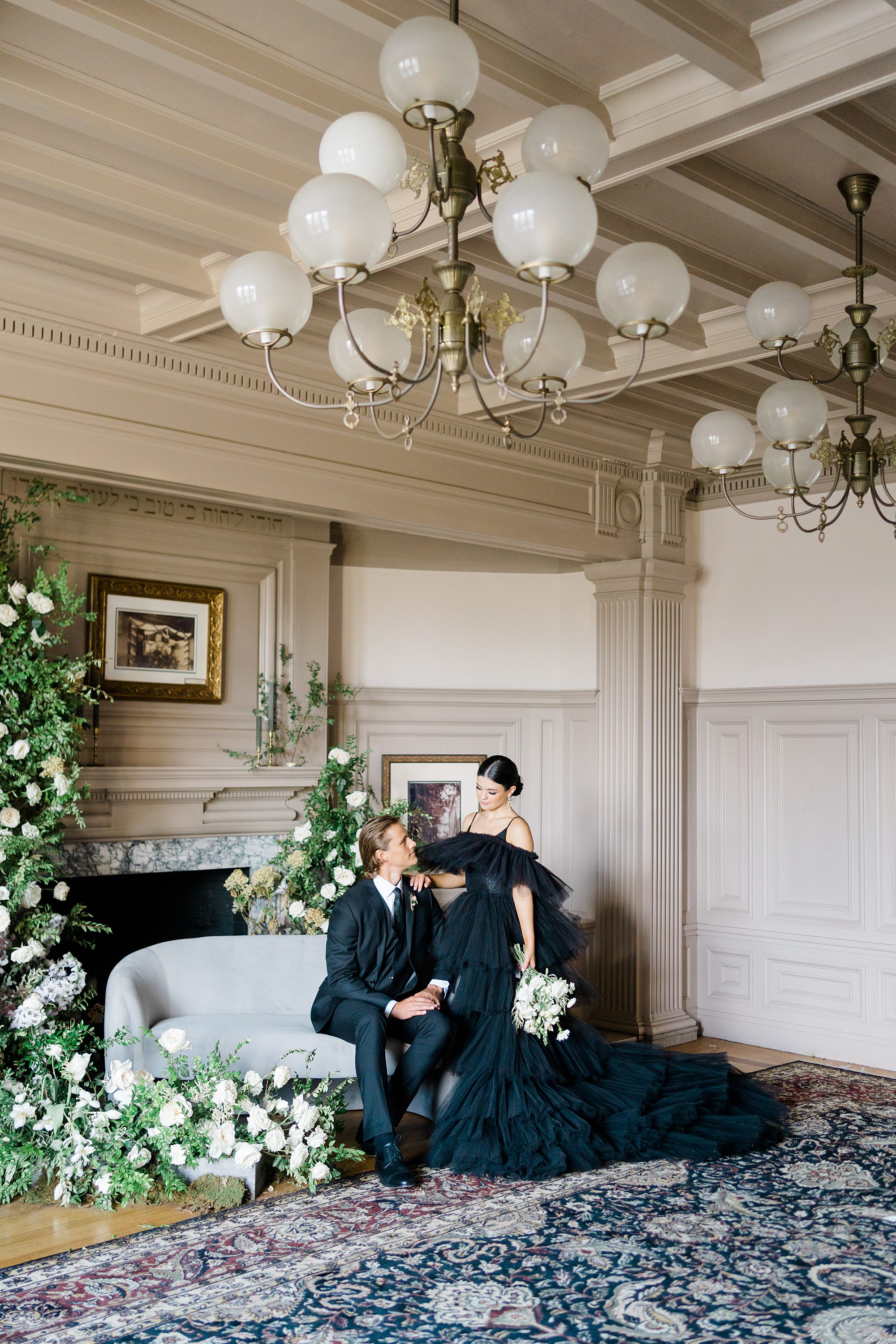 bride and groom in stately room of Cairnwood Estate