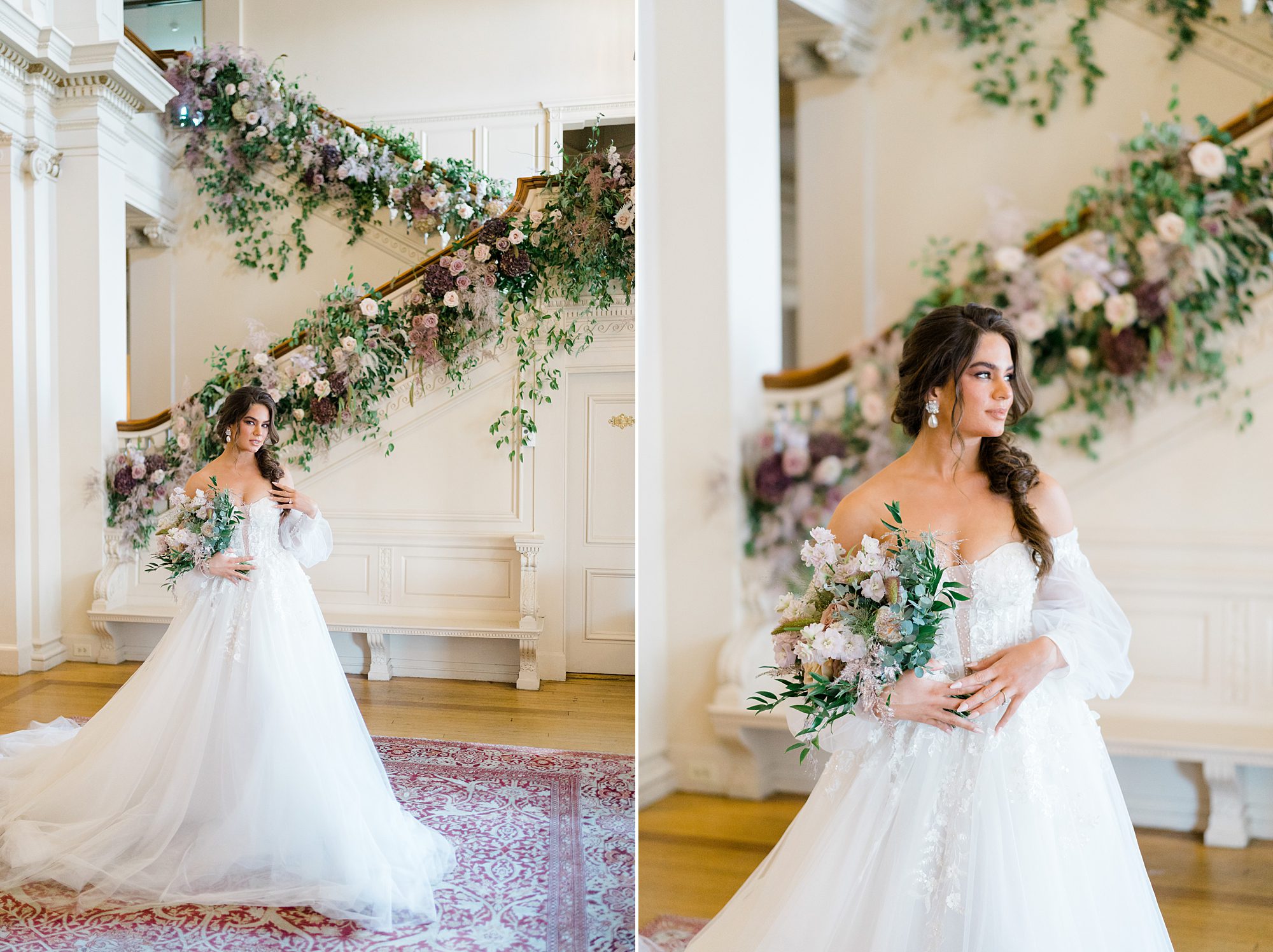 bride in front of grand staircase decorated with flowers