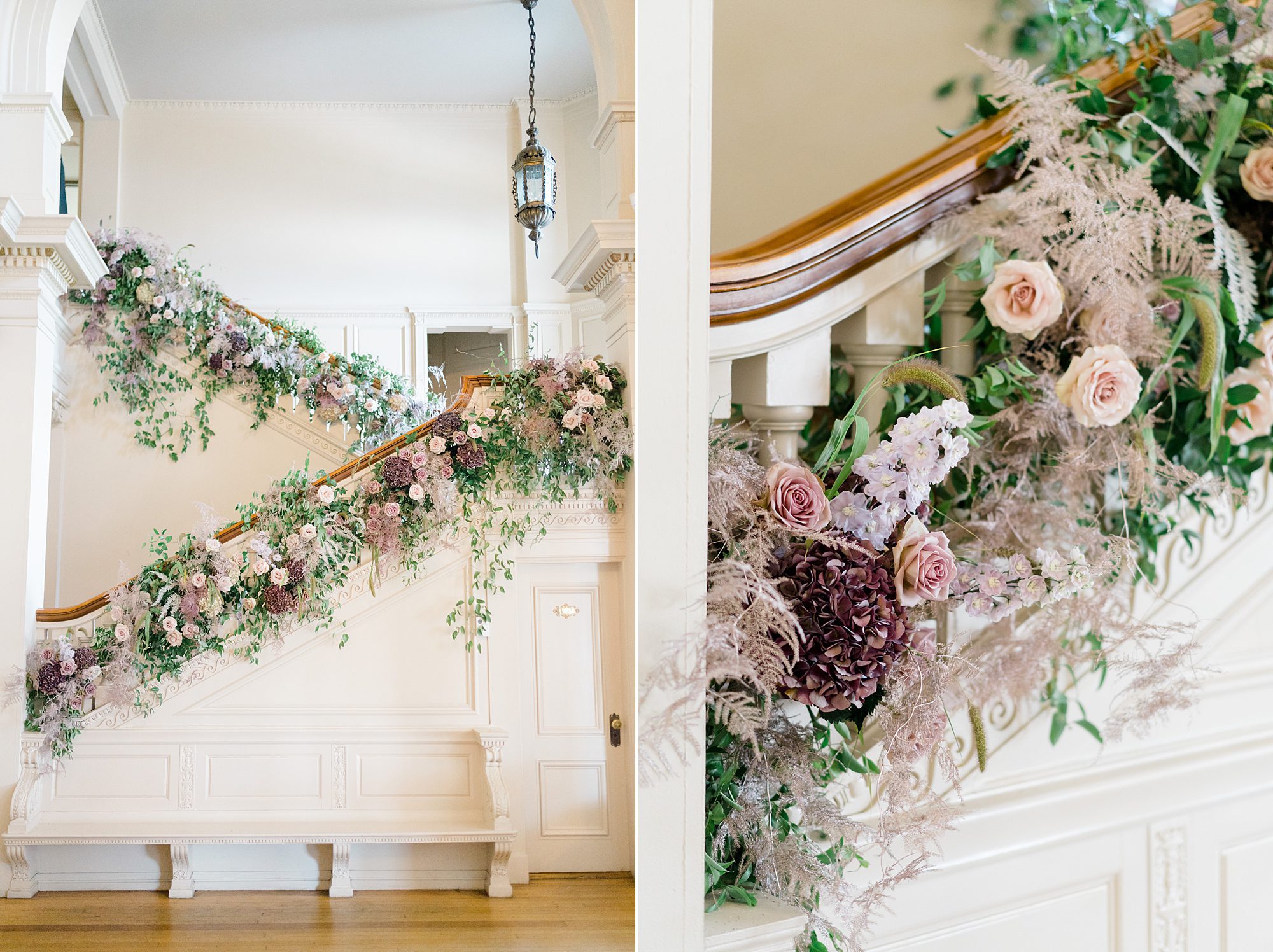 beautiful flowers decorate two-story staircase
