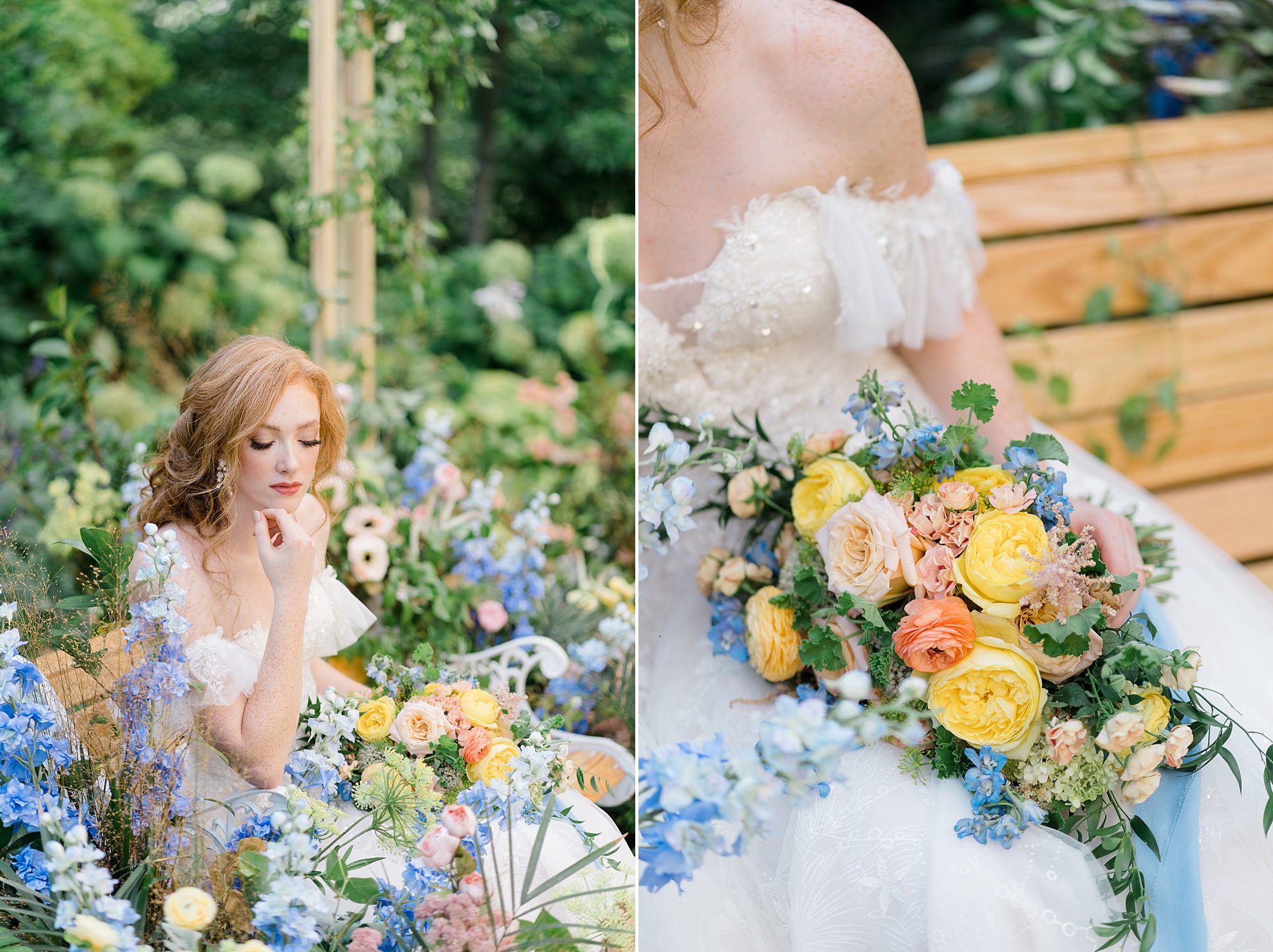 yellow and blue wedding bouquet inspiration