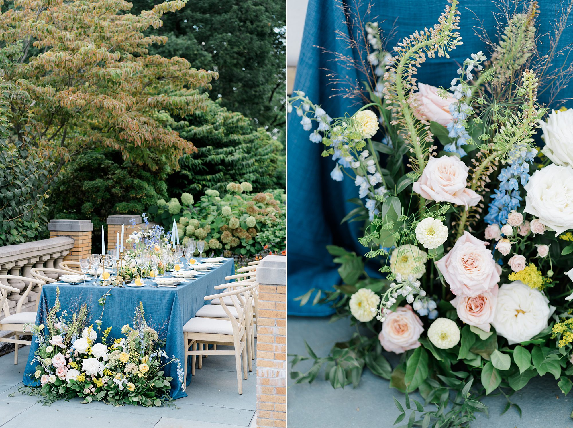 flower bouquets line the edge of tables at Cairnwood Estate wedding
