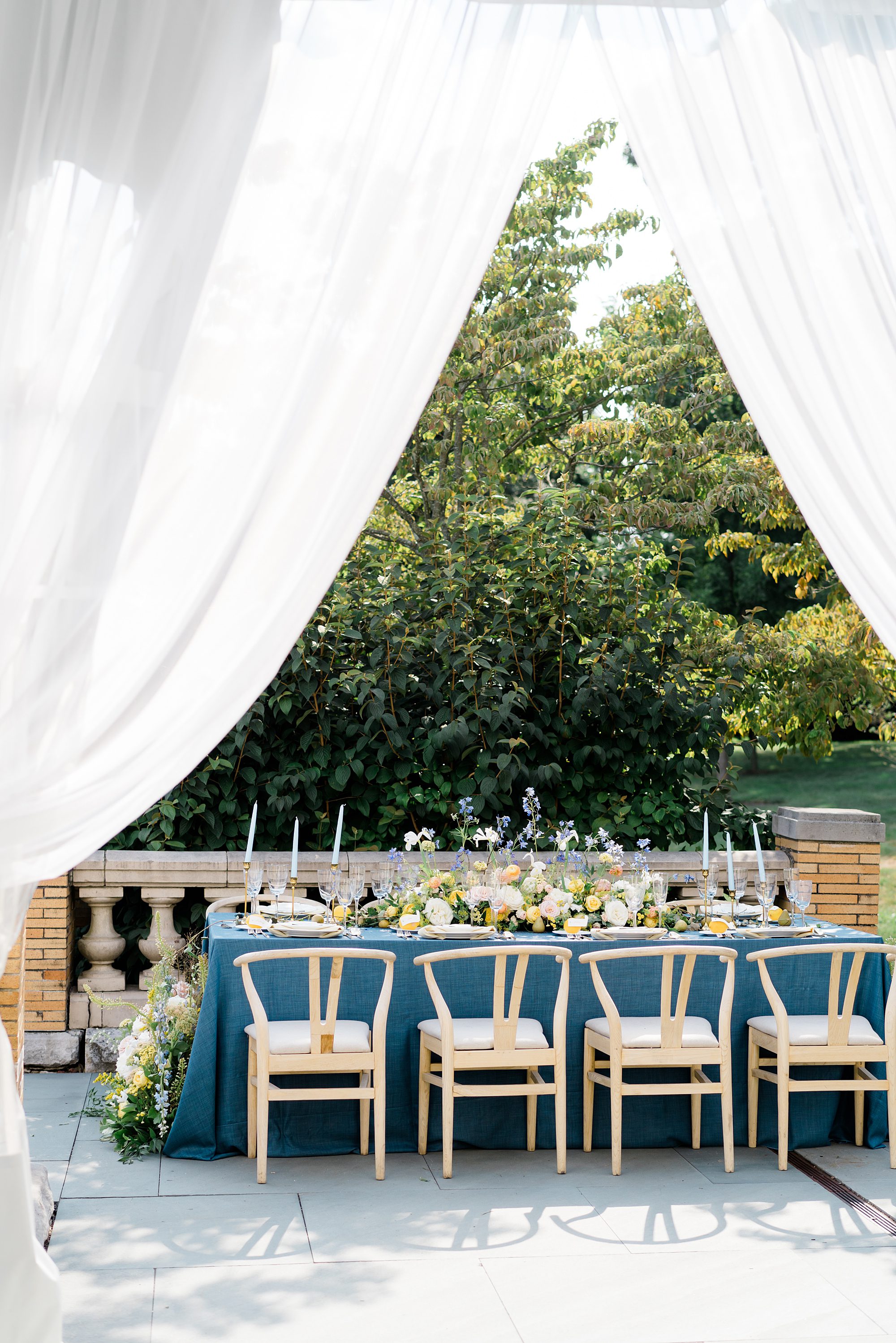 Wedding tables set up in garden of Cairnwood estate