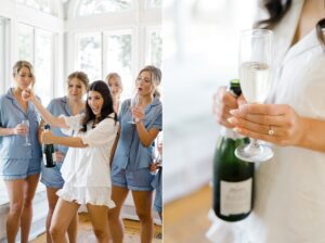 bride and bridesmaids popping champagne before wedding