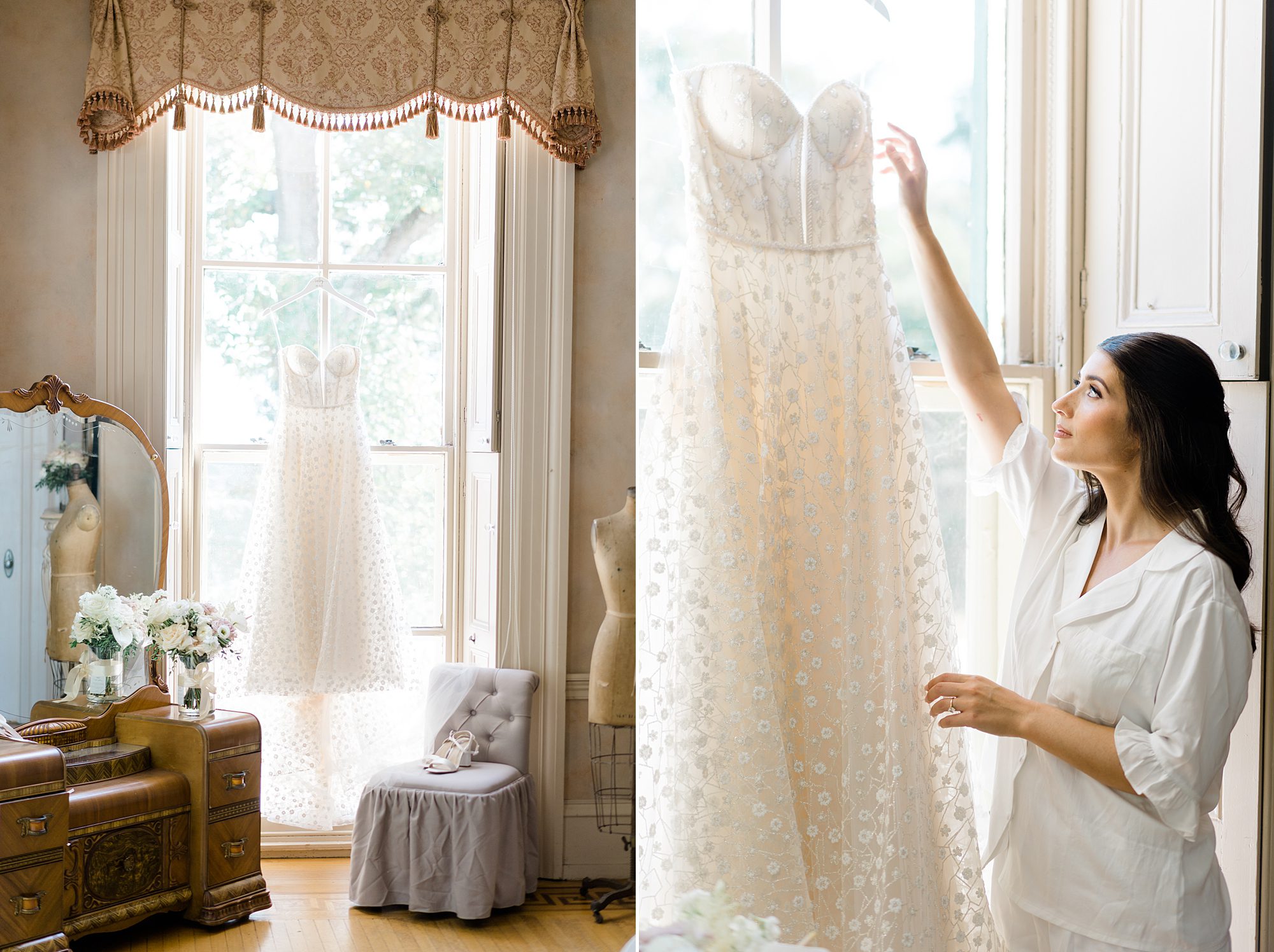 wedding dress hanging from window in bridal suite