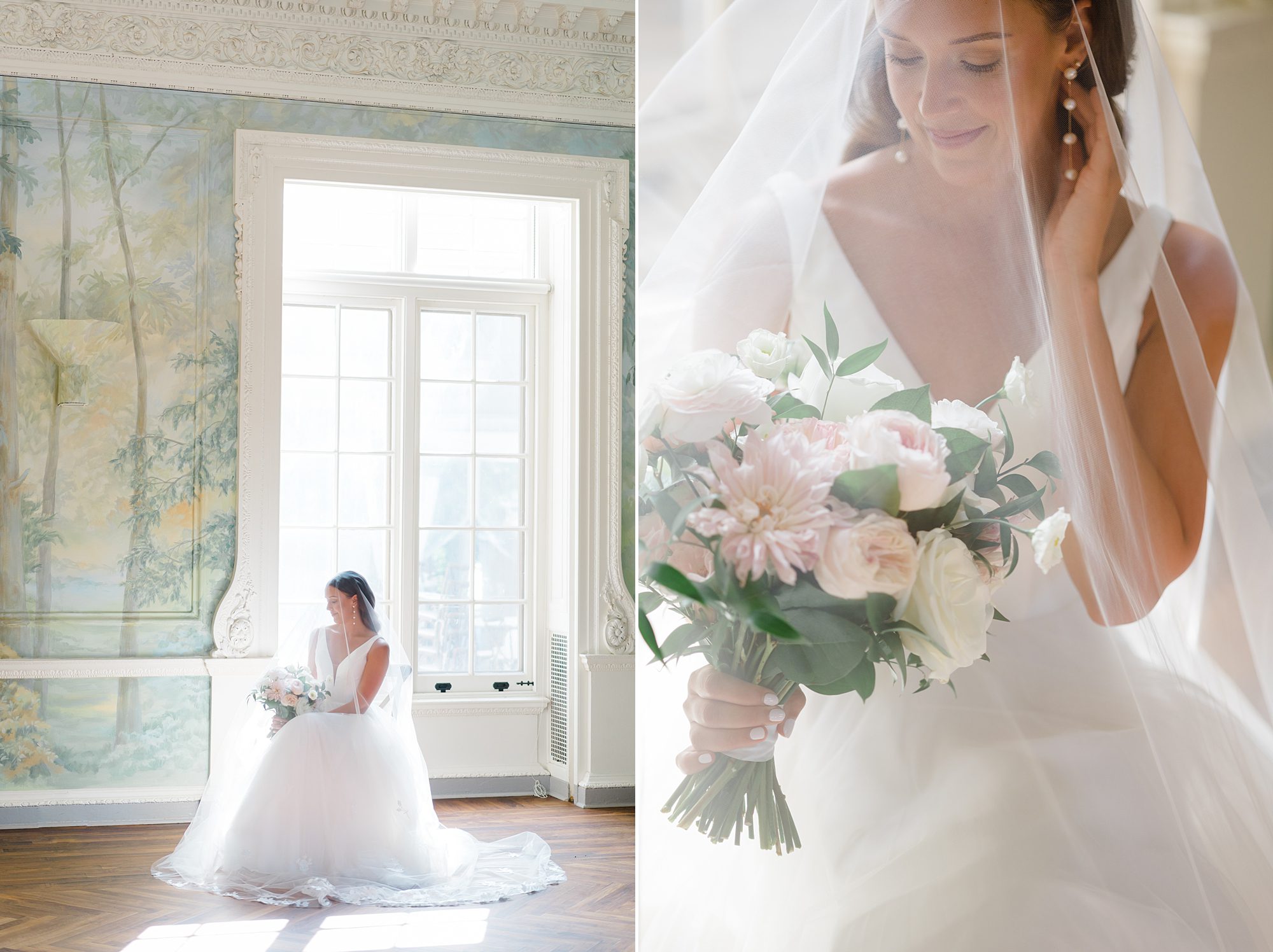 bride sitting by window in gown holding bouquet