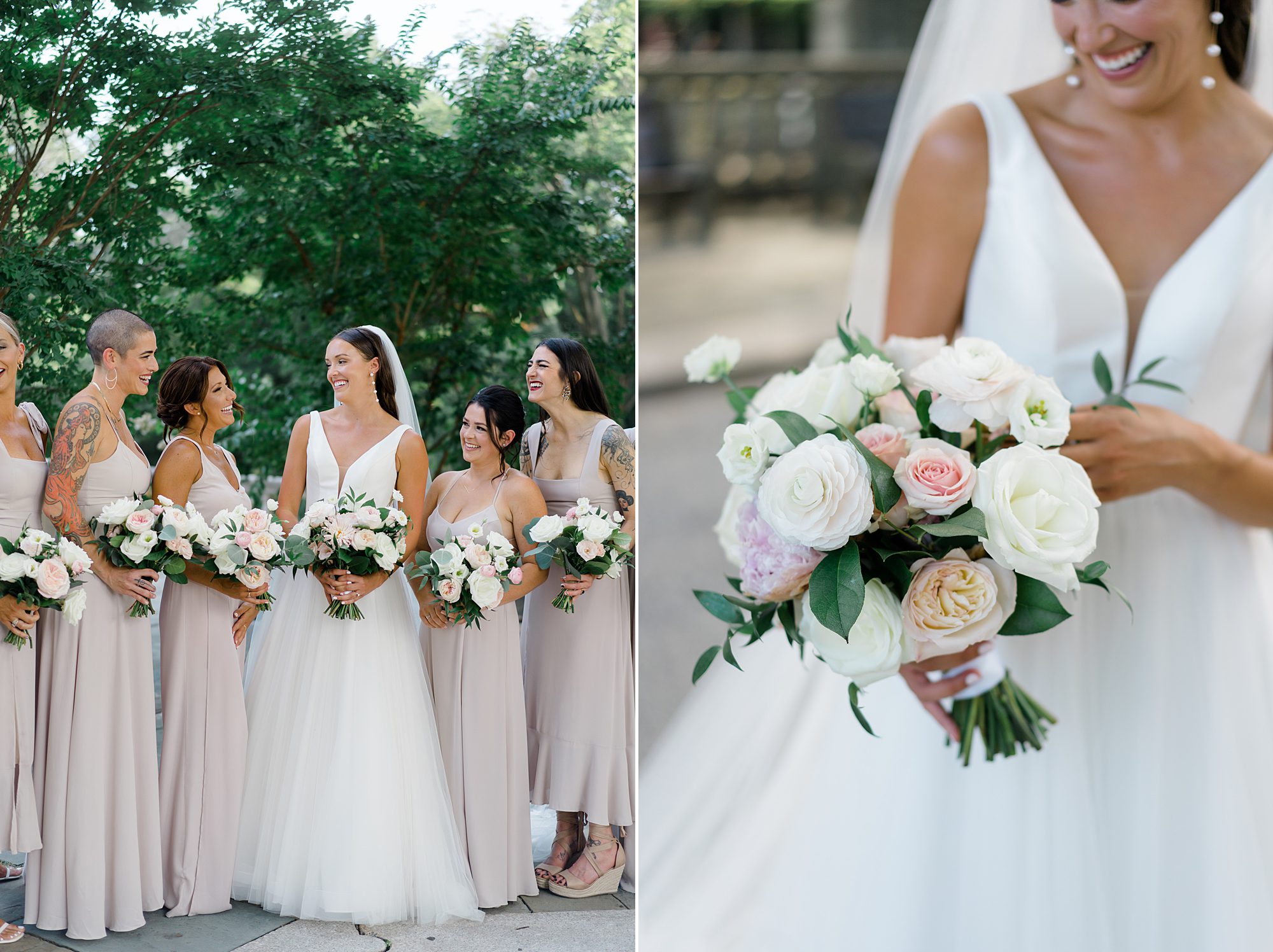 bridesmaids in rose colored dresses with bride