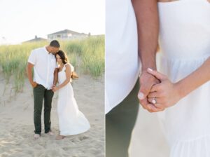 couple hold hands and walk down the beach at Jersey Shore