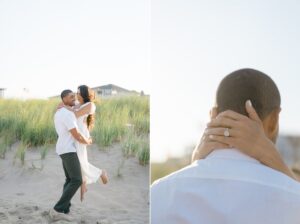man picks up his fiance during Jersey Shore Beach Engagement